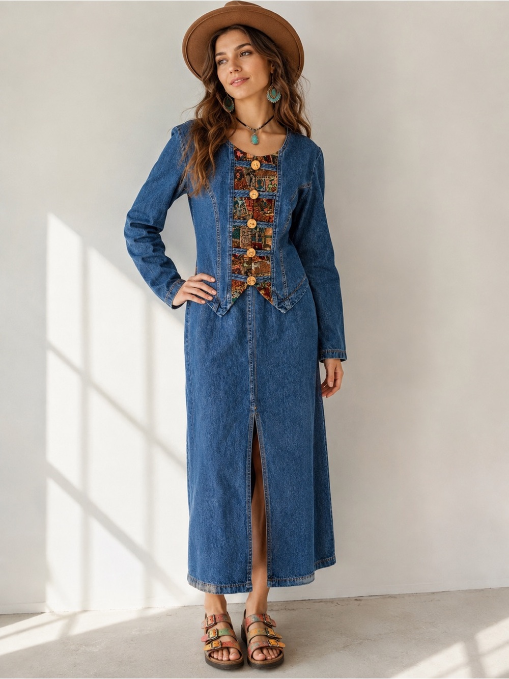 Vintage 90s Nina Piccalino Denim Maxi Dress 8 Tapestry Western Cottagecore USA